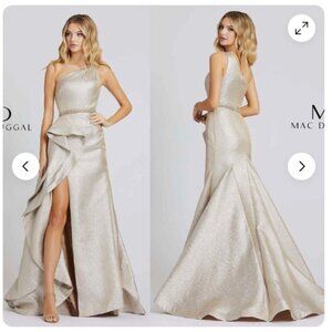 MAC DUGGAL 66975 ONE SHOULDER METALLIC RUFFLE OYSTER THIGH SLIT GOWN sz 8